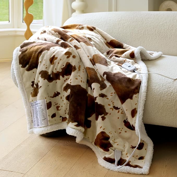 Heated Blanket Throw Blanket - Fast Heating Electric Blanket, Soft Flannel Heated Throw with 4 Time Settings,10 Heating Settings, Warm Gifts for Women & Mom&Grandma(50"x60"Cow Print Apricot)