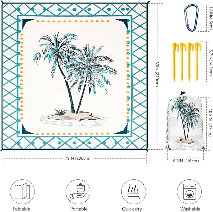 HIHOHO Beach Blanket Waterproof Sandproof Beach Mat 79”x 83” for 1-8 Adults Quick Drying Durable Outdoor Picnic Mat for Beach Festival Travel Camping Hiking (Flower Cocotree, 79"×83"(4 Person))