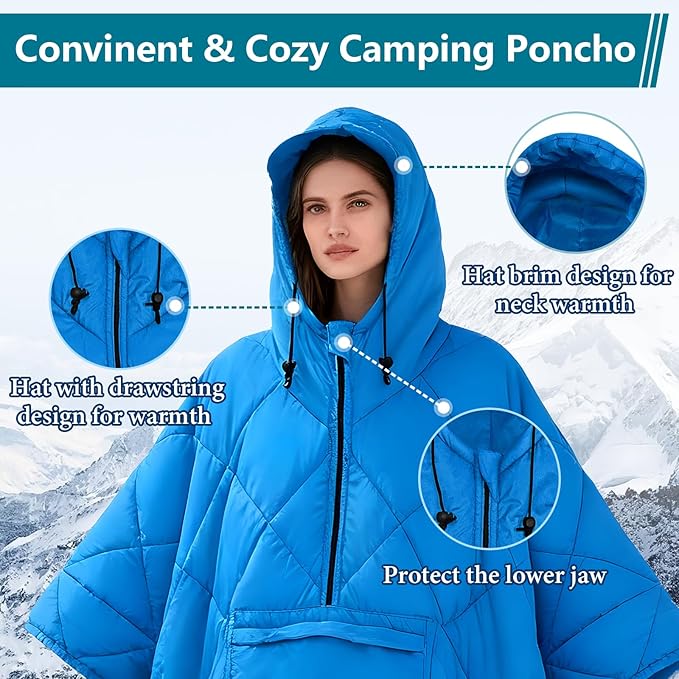 Camping Outdoor Blanket, Ultralight Down Alternative Printed Travel Camp Blankets for Sleeping Packable Waterproof Puffy Quilt for Hammock Picnic Stadium Beach Cold Weather (Blue Blanket Poncho)
