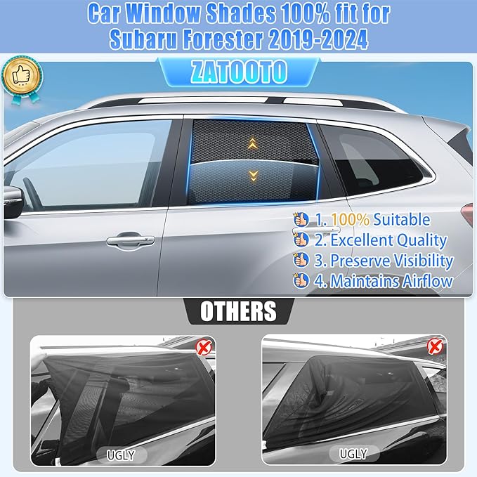 ZATOOTO Car Window Shades Forester 2019-2024 for Rear Window | Car Window Covers 2-Pack Baby & Pet | Blocks 99% UV & Heat | Breathable Mesh Privacy Screen | Bug-Free Design for Camping & Travel