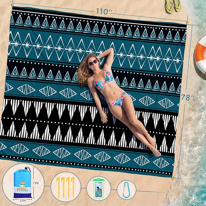 BYDOLL Beach Blanket Waterproof Sandproof Large Sand Free, 78''X110'' Oversized Sandless Lightweight Blanket Picnic Mat for Beach Travel Camping Hiking with Stakes