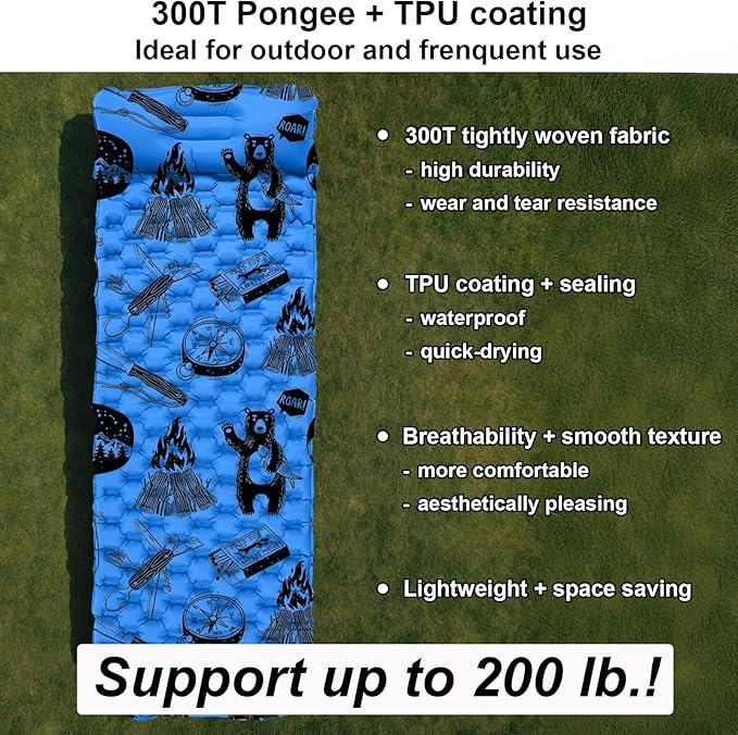 Inflatable Sleeping pad for Kids, Toddler and Youth | Air Mattress w Built-in Pump, 5’5” Ultralight Sleeping Mat with Pillow for Camping, Sleepovers & Travel | Airpad, Kids Cot, Camping Mattress -Blue