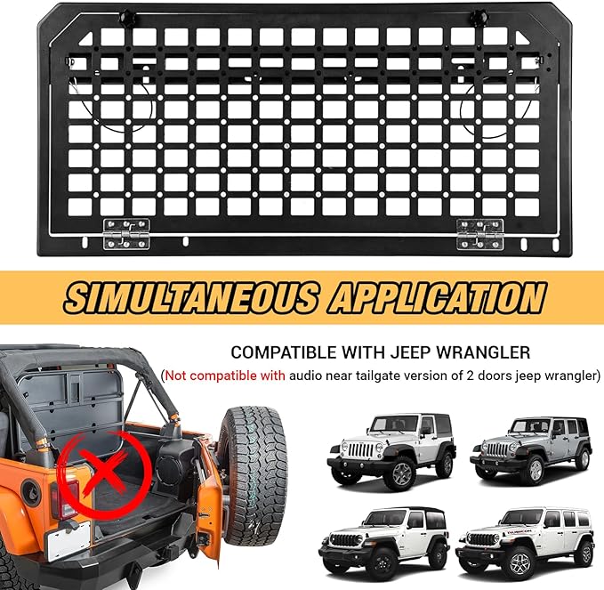Tailgate Table Rear Storage Cargo Rack Compatible with 2017-2024 Jeep Wrangler JKU &JL JLU Foldable Storage Shelf MOLLE Panel with 3 Storage Bags(Not fit with Low Speaker JK Models)