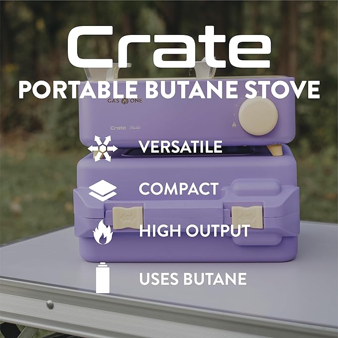 Gas One Butane Fuel Camp Stove – Crate Series - Mini Stove for Camping, Hiking – Portable Gas Stove with Spiral Flame – Even Heat Distribution – Modern and Easy to Use (Violet)