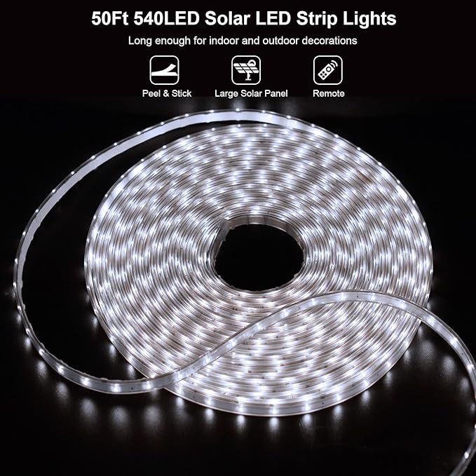 50Ft Solar LED Strip Lights Outdoor, 540 LED Long Strip Lights IP68 Fully Waterproof Acrylic Tape with Remote Self-adhesive, Cuttable Auto ON/OFF Rope Lights for Patio Pool Camping Decor (Cool White)