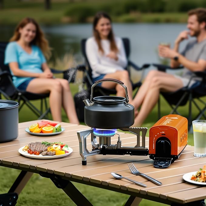 BIG HORN OUTDOORS Butane Camping Stove, Portable Folding Gas Burner with Carry Bag for Camping, Emergency Use and Outdoor Cooking, Orange