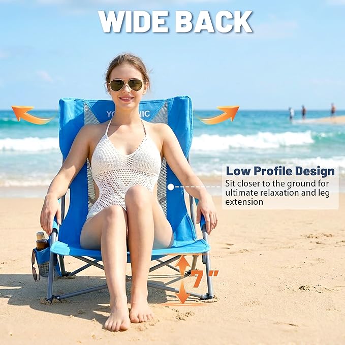 Youtanic Beach Chairs 2 Packs, Folding Portable Chair for Adults, Standard Back Extra Wide Seat with Cup Holder & Carry Bag, Lightweight Camp Chair for Outdoor, Beach, Sand, up to 350lbs, Blue