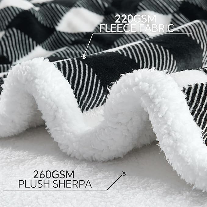 BEDELITE Sherpa Fleece Blankets King Size - Black and White Buffalo Plaid Christmas Blanket, Super Soft Cozy Warm Thick Winter Blanket for Couch and Bed, 108" x 90"