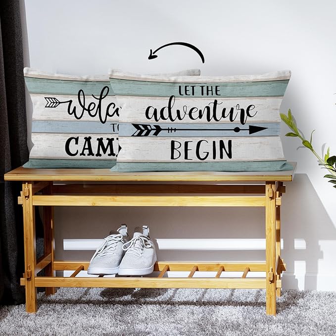 HIWX Let The Adventure Begin Welcome to Our Camper Decorative Pillowcase Throw Pillow Cover, Rustic Camper Camping Theme for Rv Sofa Bed Room Home Decor 12 x 20 Inch Reversible Pillow Case