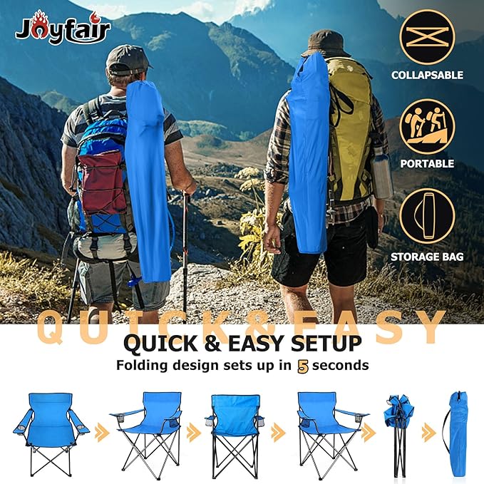 Joyfair Portable Camping Chair, Outdoor Lawn Folding Chairs for Adults, Heavy Duty Large Foldable Chairs for Beach, Fishing, Tailgating and More Outdoor Sport, Carry Bag & Cup Holder