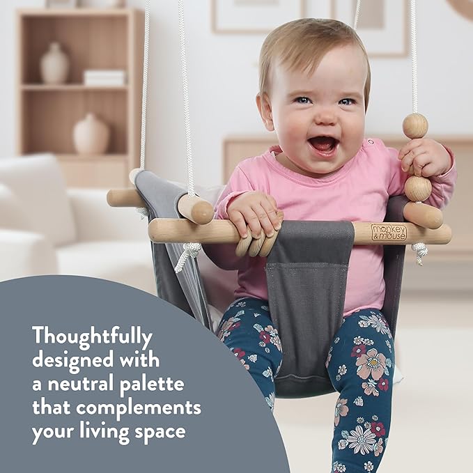 Monkey & Mouse Baby Swing, Pale Pink Indoor Outdoor Portable Hanging Chair - Infant & Toddler Kids 6 Months - 4 Years, Cotton Canvas & Beech Wood Frame, Sensory Hammock Boy & Girl Seat w/Wooden Toys