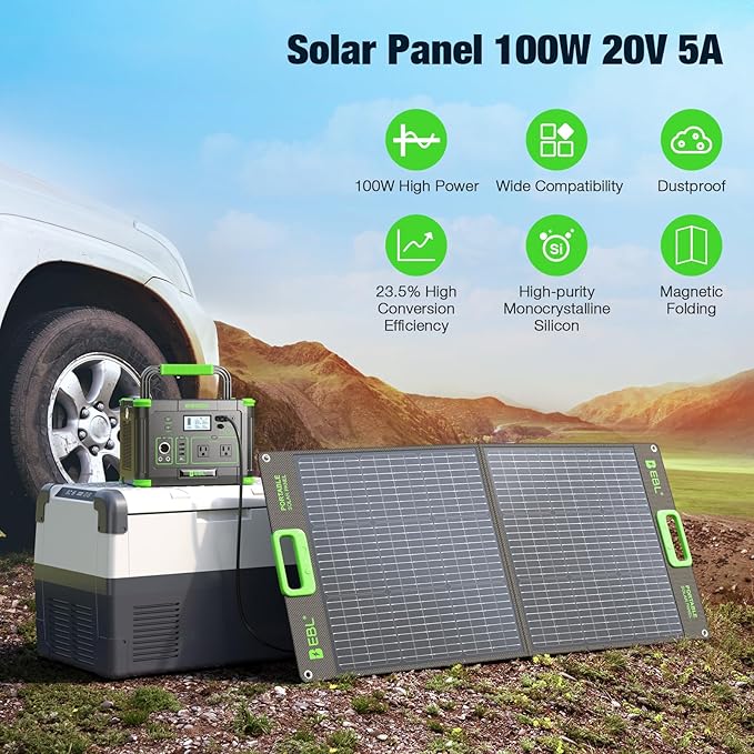 519Wh Solar Generator Kit 500W(Peak 1000W) Portable Power Station with 100W 20V Solar Panel, Backup Battery Power Supply for RV/Van Camping Fishing Climbing Road Trip Home Use