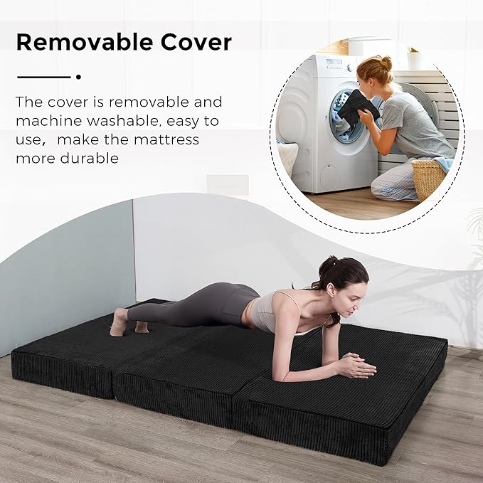 BYBYME Tri-Folding Corduroy Mattress, 6 Inch Gel Folding Mattress Topper, Foldable Soft Guest Bed Camping Pad, Washable Cover (Black, Queen)