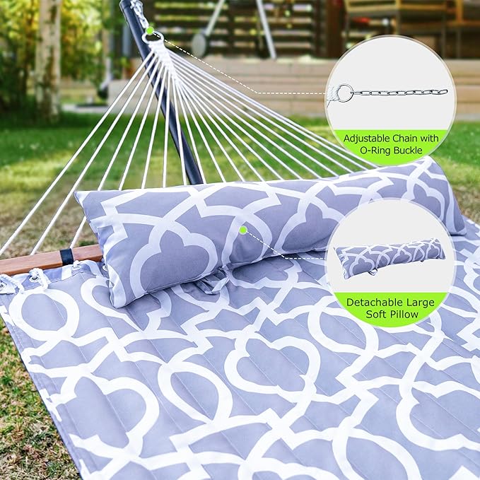 ANAGOO Double Hammock with Stand, Heavy Duty Outdoor Hammock for Two, 500 LBS Capacity, Stable Steel Frame with Balance Strap, Easy Tool-Free Assembly for Patio, Garden, Backyard & Beach,White Grey