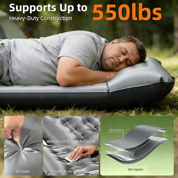 Camping Sleeping Pad, Extra Thick 6 Inch Camping Mat with Built-in Pillow & Foot Pump, Ultralight Inflatable Sleeping Pad for Backpacking Hiking Travel Tent(Gray)