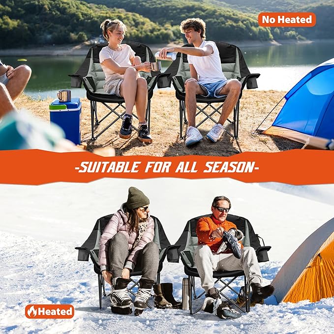 Youtanic Heated Camping Chair, 3 Heat Levels Oversized Padded Lawn Chair with Side Pockets and Cup Holder, Outdoor Heating Folding Camp Chair for Adults, Fishing, Sports, Picnic, up to 500lbs, Style 1