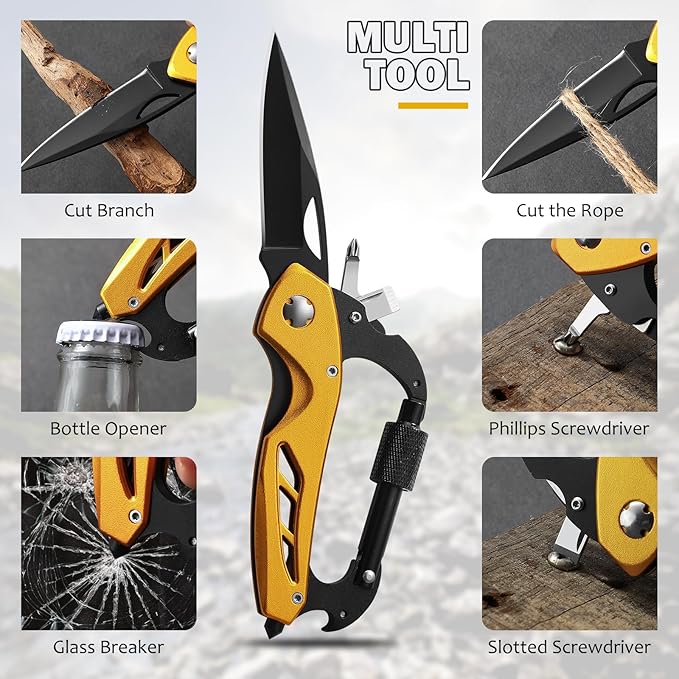Stocking Stuffers Gifts for Men, Carabiner Multitool 6-in-1 EDC Carabiners Pocket Knife with Window Breaker, Bottle Opener and Screwdriver，Folding Knife for Camping Hiking（Gold）