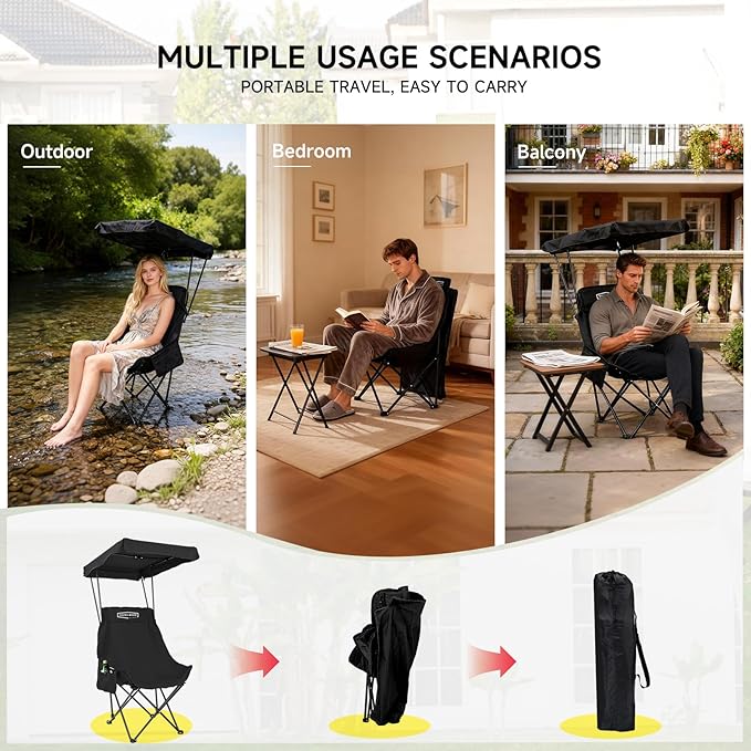 YOUNG WOOD Camping Chair with Shade Canopy, Beach Chair, Portable Fold Lightweight Oversized for All, Easy to Open and Close Without Installation, Side Pocket Design for All Outdoor Activities