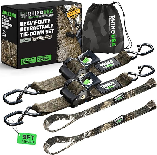 Rhino USA x Realtree Retractable Ratchet Straps (2PK) 2"x 9' (1,209lb Break Strength)- Heavy Duty Auto Self Retracting Tie Down Straps for Truck, Cargo Trailer, Motorcycle, ATV, UTV- Realtree APX Camo
