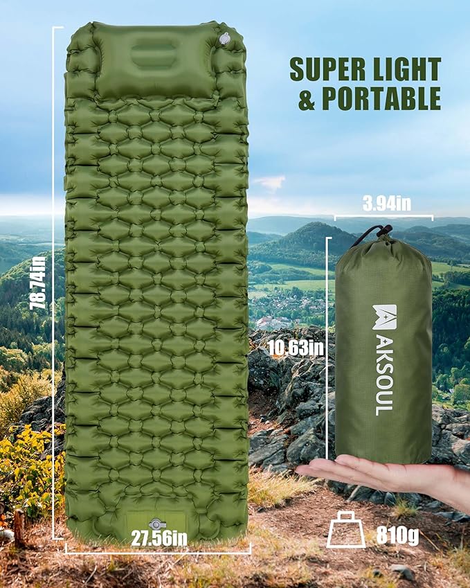 AKSOUL Sleeping Pad Camping Mat: Self Inflating Ultralight & Compact Air Mattress, Connectable Lightweight Inflatable Pad with Built-in Foot Pump for Camping, Hiking, Backpacking