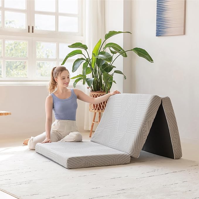 MLILY Tri-Fold Memory Foam Mattress Topper, 4 inch Twin XL Folding Mattress with Collapsible and Washable Cover, Travel and Guest Mat, 80"×38"×4", Grey