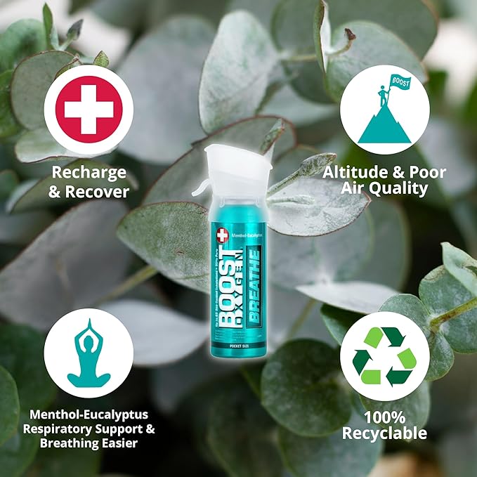 Boost Oxygen Pocket Size Breathe Menthol-Eucalyptus Aroma 3L Canister | Respiratory Support for Altitude, Performance & Health (5 Pack)