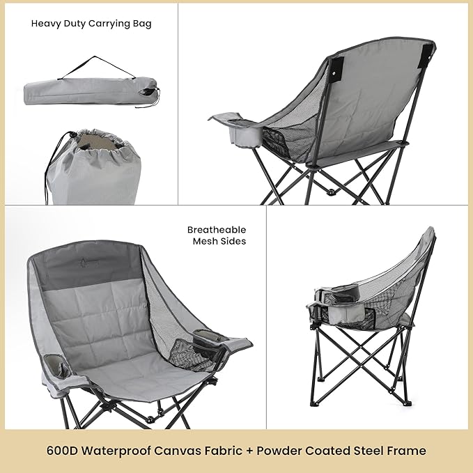 ARROWHEAD OUTDOOR Oversized Folding Camping Chair, Heavy-Duty 300 lbs Capacity, Adjustable Double Cup Holder, Mesh Panels, Inner Storage Pockets & Carry Bag