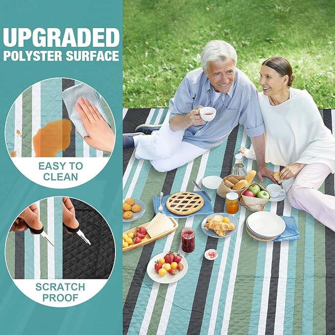 Picnic Blankets Outdoor Extra Large - 80"x80" Waterproof Beach Blanket, Machine Washable 3-Layer Foldable Park Mat with Sandproof Backing for Grass, Hiking, Travel, Concerts, Indoor (OliveStrip)