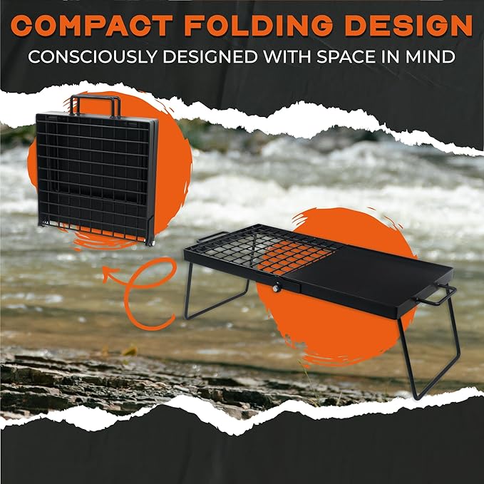 Adventure Seeka 24" Heavy Duty Folding Campfire Grill, Food-Safe Cooking Surface, Compact Folding Design, Portable Grill Grate & Griddle for Campfire Cooking, Australian Designed & Owned