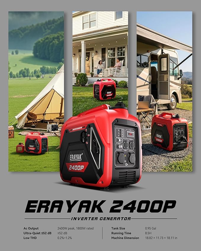 ERAYAK 2400W Portable Inverter Generator for Home Use, Super Quiet Small Generator for Camping Outdoor Emergency Power Backup, Gas Powered Engine, EPA, ECO Mode