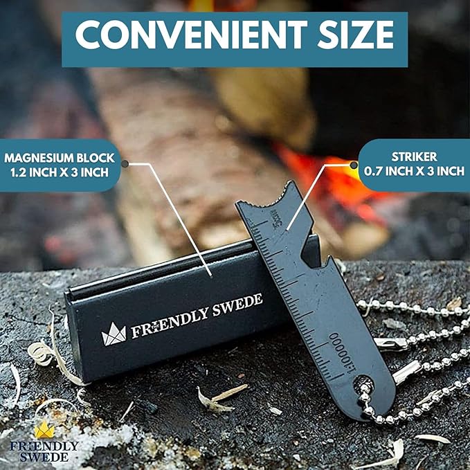The Friendly Swede Magnesium Fire Starter Kit 3-Pack — Flint and Steel Fire Starter Survival Tool - Weatherproof Firestarter for Camping, Hiking & BBQs - Flint and Steel Bar - 6-in-1 Striker