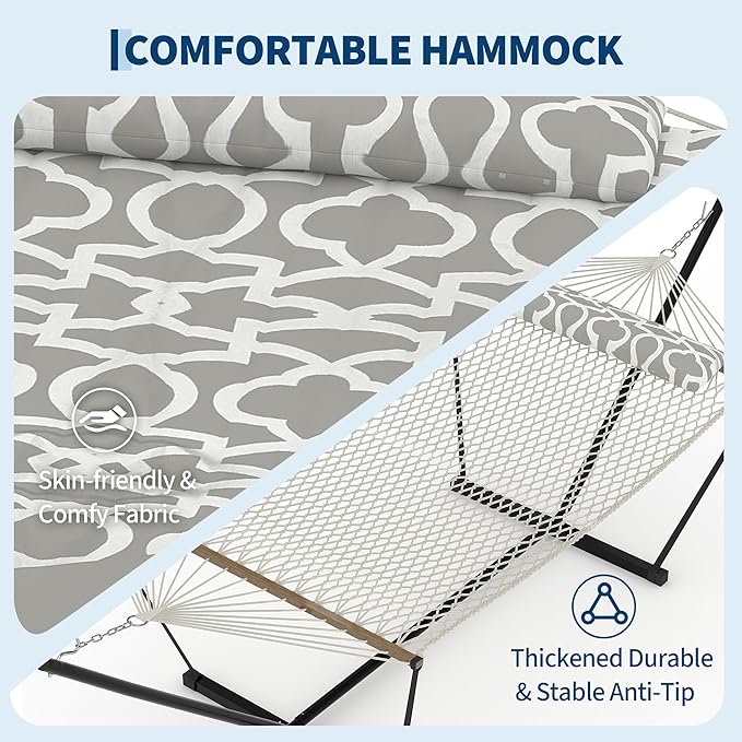 Garvee 2 Person Portable Double Hammock for Outdoor with Pillow, Heavy Duty Portable Hammock with Adjustable Steel Stand for Patio, Garden, Beach, Backyard