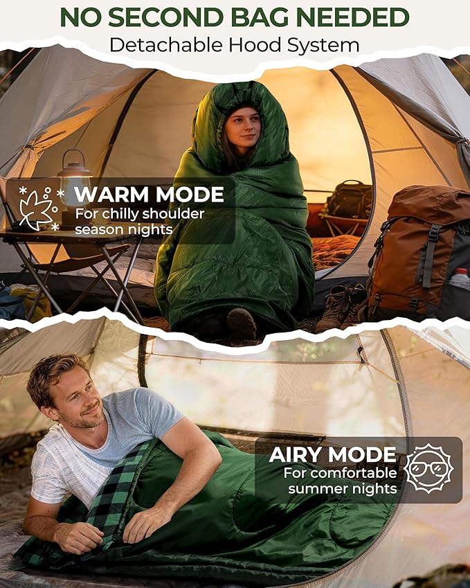 Sportneer 0 Degree Sleeping Bag for Cold Weather, XL Winter Sleeping Bag for Adults, Flannel Lined Camping Sleeping Bag, 32°F–59°F Rated, 87" x 33.5", 4.4 lbs, Detachable Hood, Compression Sack