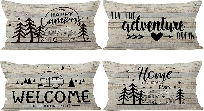 Camper Vintage Wood Linen Throw Pillow Case, 20 x 12 Inch Set of 4, Camping Lovers Gifts, Campers Gifts, Camper Decor, RV Decor, Welcome Lumbar Decor, Trailer Pillow Cushion Cover for Sofa Couch Bed