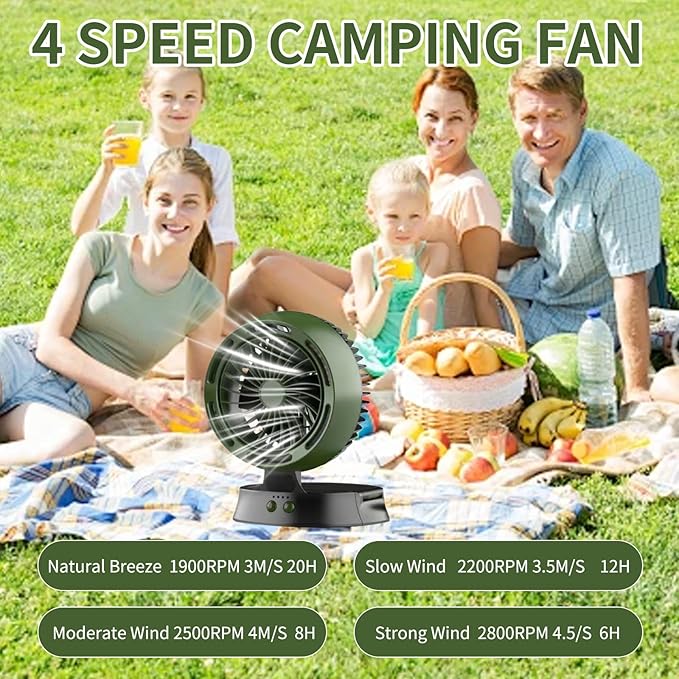 Portable Solar Fan - 10000mAh Big Battery, Compact & Lightweight, Solar-Powered, 4 Speeds & LED Light for Camping, Hiking & Emergencies!