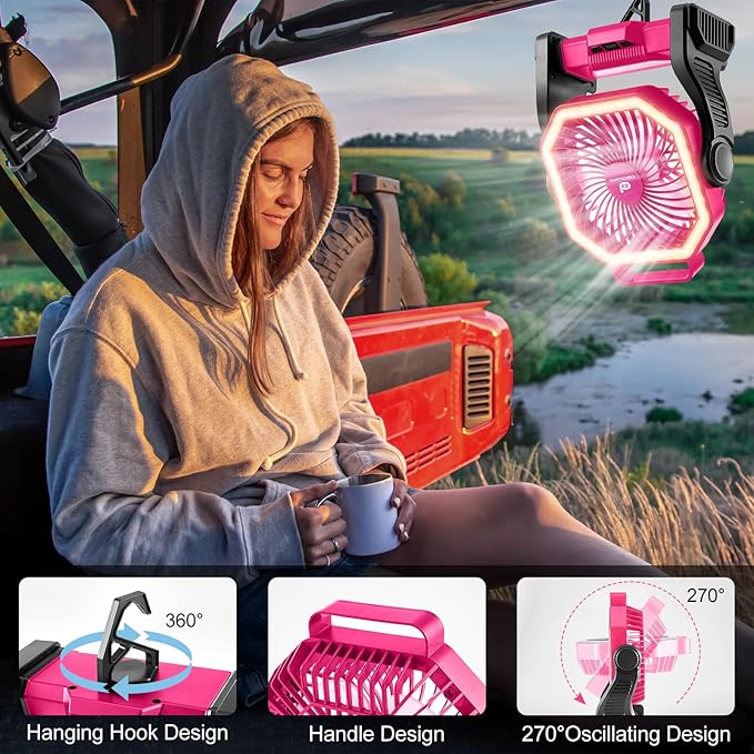 Odoland Rechargeable Camping Fan, 20000mAh Battery Fans with LED Lantern for Tent Car Beach Storm, Portable Light Desk Cooling Fan for Picnic Power Outage Hurricane, Pink