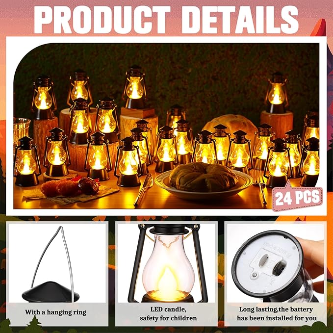Ferraycle 24 Pcs Mini Lantern for Centerpiece Western Wedding Decor 4 Inch Camping Decorative with LED Candle Vintage Hanging Lantern Ornaments Bulk for Cowboy Cowgirl Xmas Party Decoration (Black)