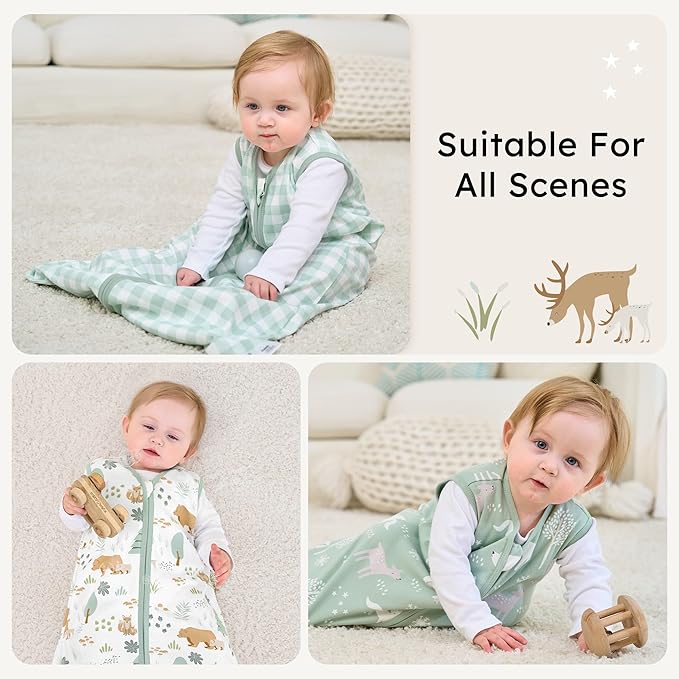 Baby Sleep Sack 18-24 months, 100% Cotton Sleeping Sack for Toddler, 3 Pack Baby Wearable Blanket, 0.5 Tog Lightweight Double Zipper Sleep Bag XLarge Green Forest Bear