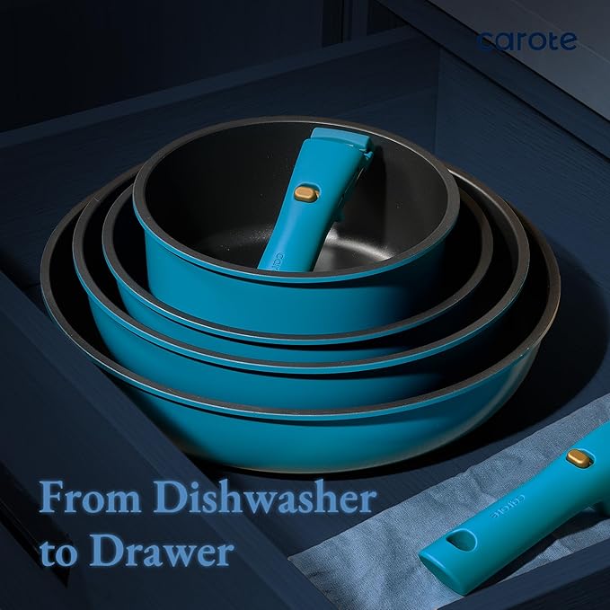 CAROTE 21pcs Pots and Pans Set, Nonstick Cookware Set Detachable Handle, Induction Kitchen Cookware Sets Non Stick with Removable Handle, RV Cookware Set, Peacock Blue