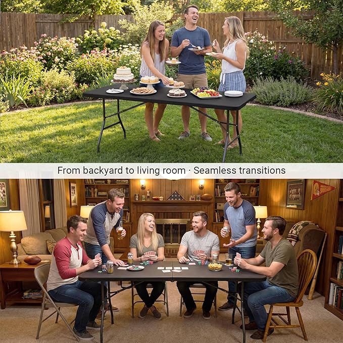 Byliable Folding Table 6ft, Heavy Duty Portable Plastic Fold-in-Half Utility Table with Carrying Handle for Indoor Outdoor, Camping Picnic Party, Black