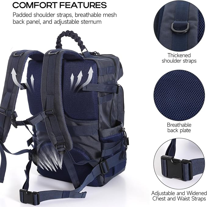 Tactical Backpack for Men, Military Backpack with Shoe Compartment, Travel Hiking Hunting Gear Bag with Molle System, Blue
