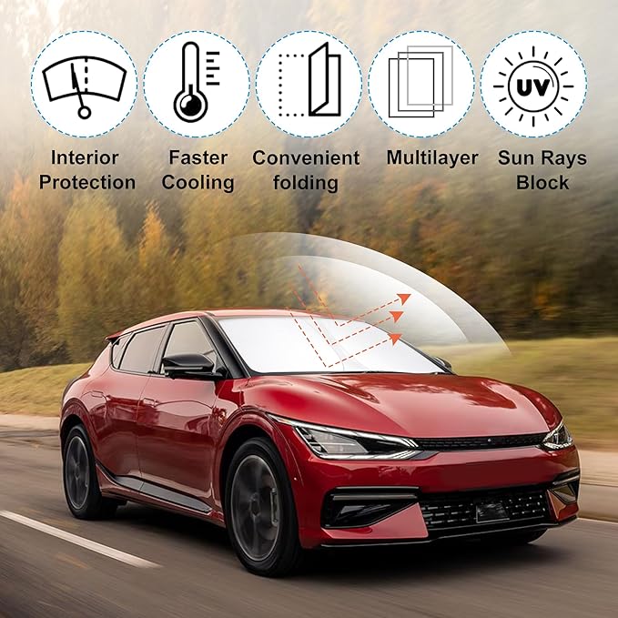 Windshield Sun Shade Custom Fit 2022 2023 2024 2025 2026 Kia EV6 Accessories Foldable Sunshade Sun Blocker Front Window Shades Covers Keep Car Cooler