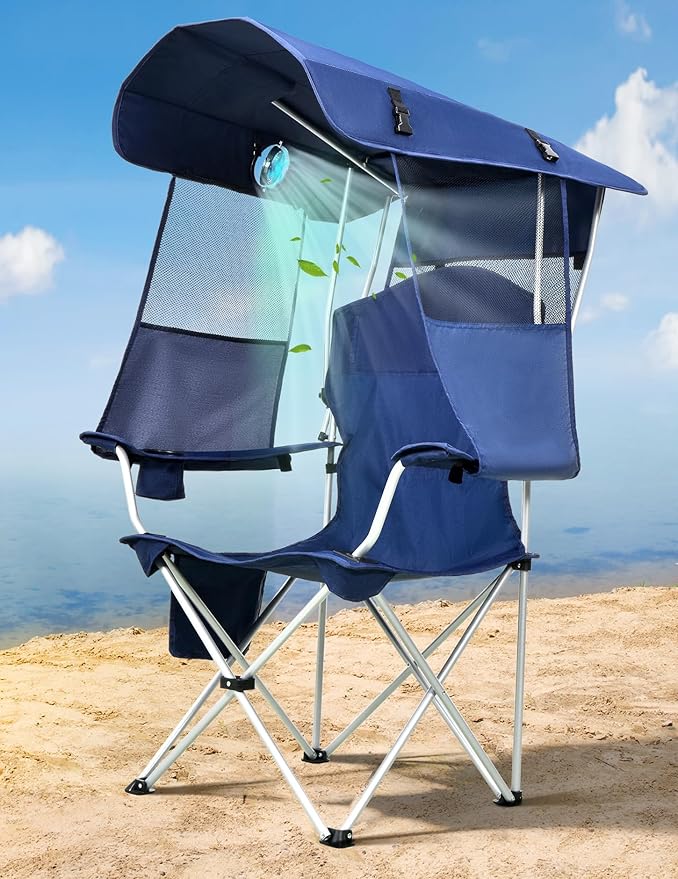 Docusvect Beach Chair with Canopy Shade and Fan – 360° Rotatable & 3-Speed Airflow, Camping Chair with Canopy and Powerful & Quiet Fan, Cup Holder, Side Pocket – Supports 330 LBS