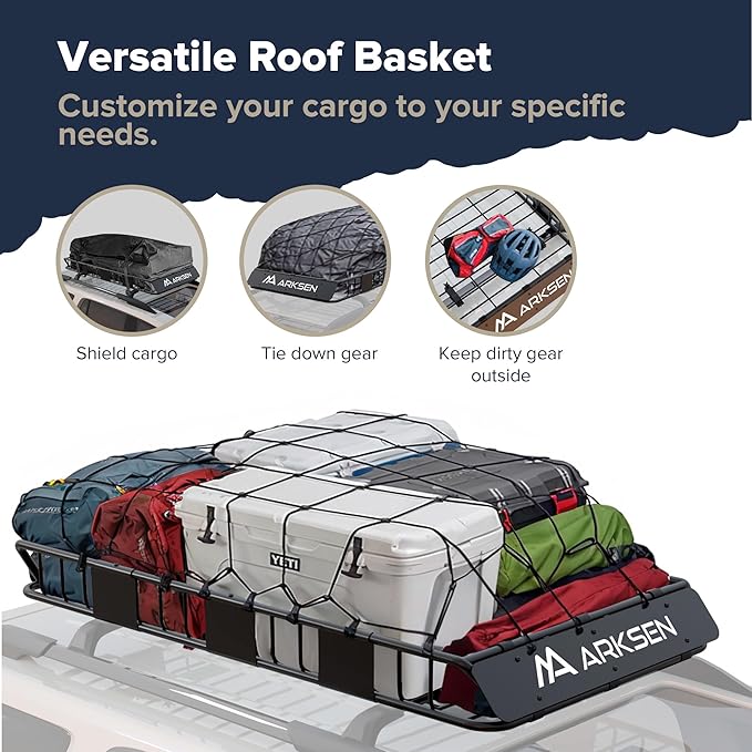 ARKSEN 64" x 34" x 6" Roof Rack Cargo Basket with Extension, 150 LBS Universal Heavy Duty Steel Rooftop Carrier with Waterproof Bag, Cargo Net & Tie Down Straps for SUV, Truck, RV, Pickup