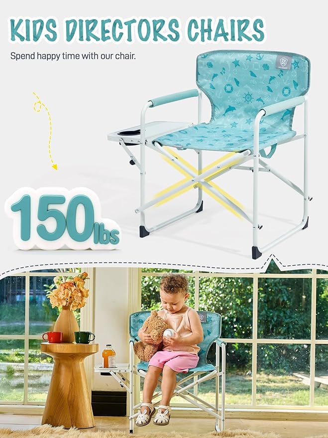EVER ADVANCED Kids Directors Chair with Side table for Camping, RV & Sports, Padded Kid Outdoor Seat with Safety Lock, Lightweight Portable Camp Chairs for Beach, Balcony, Patio, Supports 150lbs Green