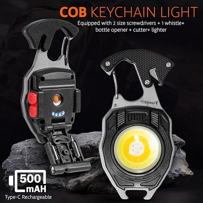 GUARDMAN Fathers Day Gift for Dad – Multitool Survival keychain Tool, LED Flashlight, Carabiner, Fire Starter, Screwdriver, Whistle, Bottle Opener – Camping & Outdoor Multi Tool Gear - 20 Pack