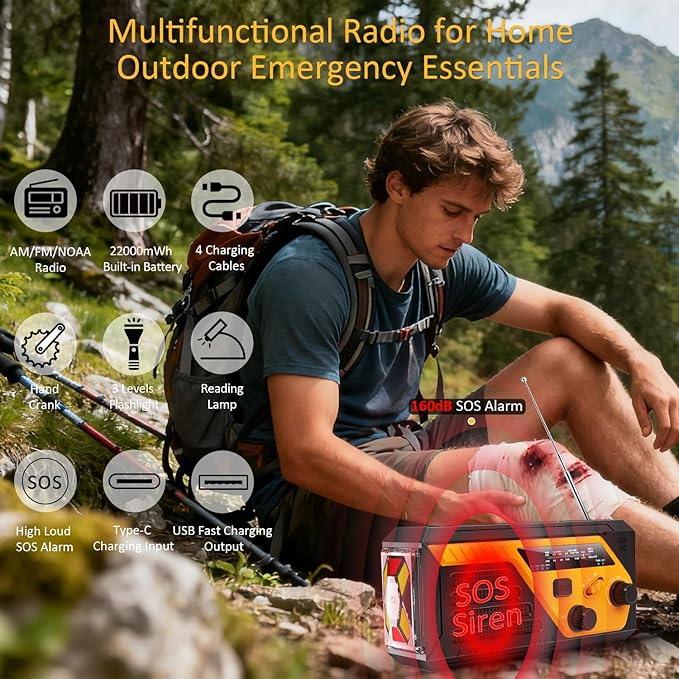 Emergency Radio with 4 Charging Cables, 22000mWh AM FM NOAA Weather Radio, Flashlight, Reading Lamp, SOS Alarm, Hand Crank Radio Phone Charger for Home Outdoor Emergencies.