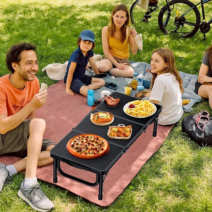 Anbte 3ft Low Folding Picnic Table, 10.3" Height Thicker Aluminum Small Camping Table with Storage Bag, Portable Handle, Lightweight, for Camping Beach Party Picnic Floor, 34.2" x 15.7", Black