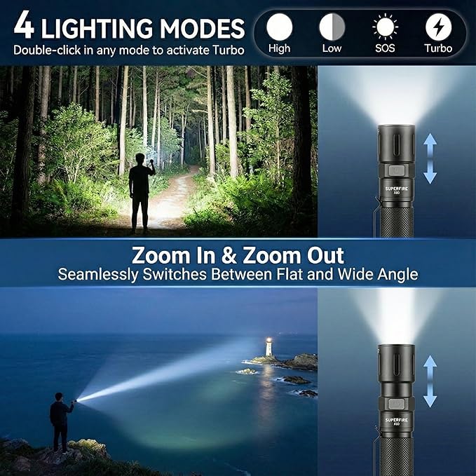 SuperFire 2-Pack 1000 Lumens Rechargeable Flashlights, USB-C Tactical LED Flashlight with Zoom, 4 Modes, Small Bright Waterproof Torch for Camping, Emergency, Everyday Carry