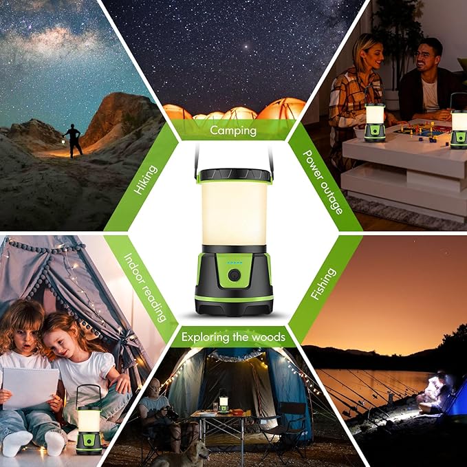 Rechargeable LED Lantern - 3000 Lumens, 5 Light Modes, IP54 Waterproof, 7500mAh Battery, Portable Flashlight for Camping, Hiking, Power Outages & Emergencie (Green)